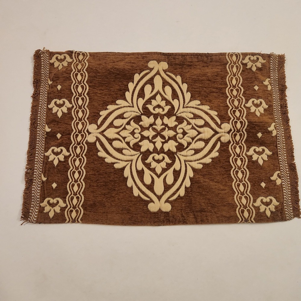 Vintage Chenille Tapestry Pillow Cover Brown Cream Damask Medallion Fringe 28x18